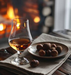 a drink next to a bowl of nuts with a fire blazing in the background