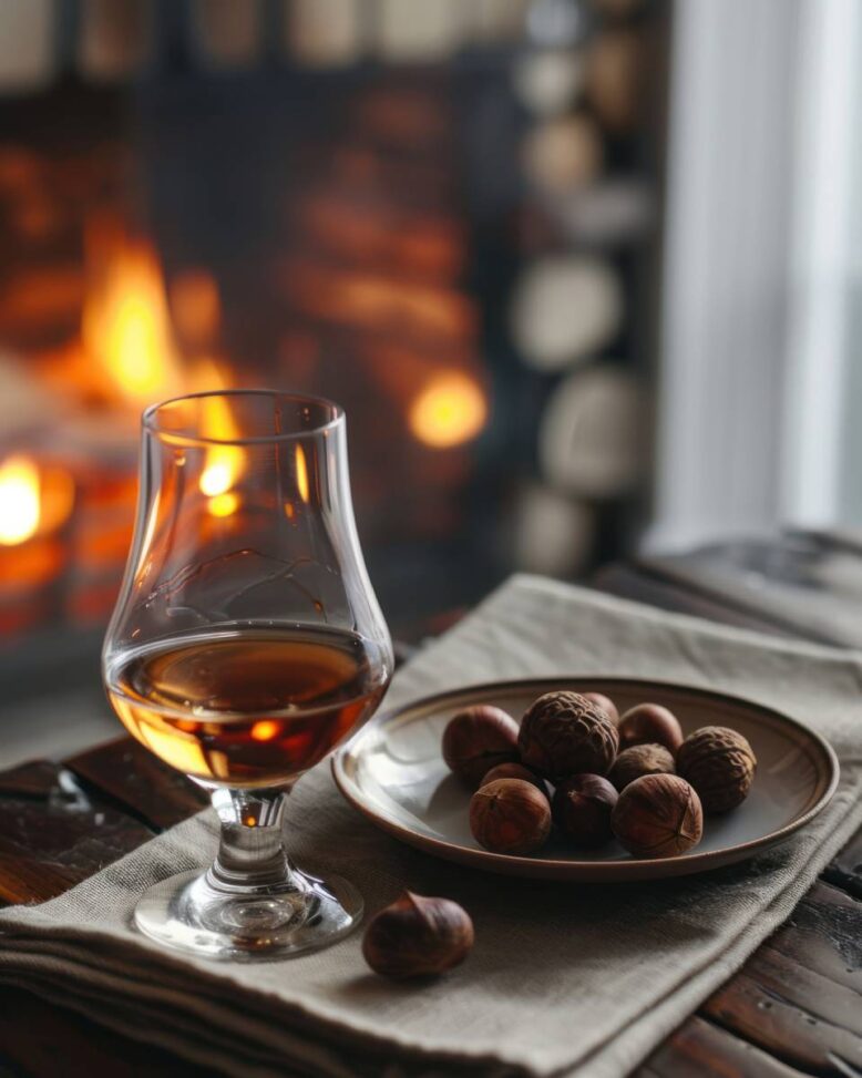 a drink next to a bowl of nuts with a fire blazing in the background
