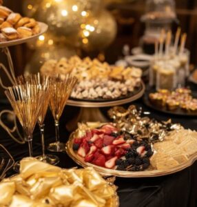 a table topped with plates of food and golden decorations