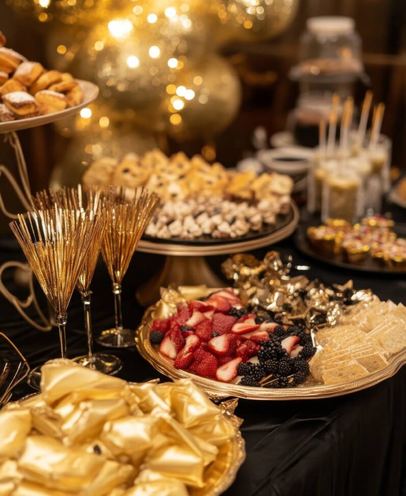 a table topped with plates of foos and golden decorations