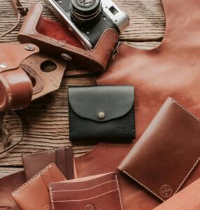leather products displayed on a table