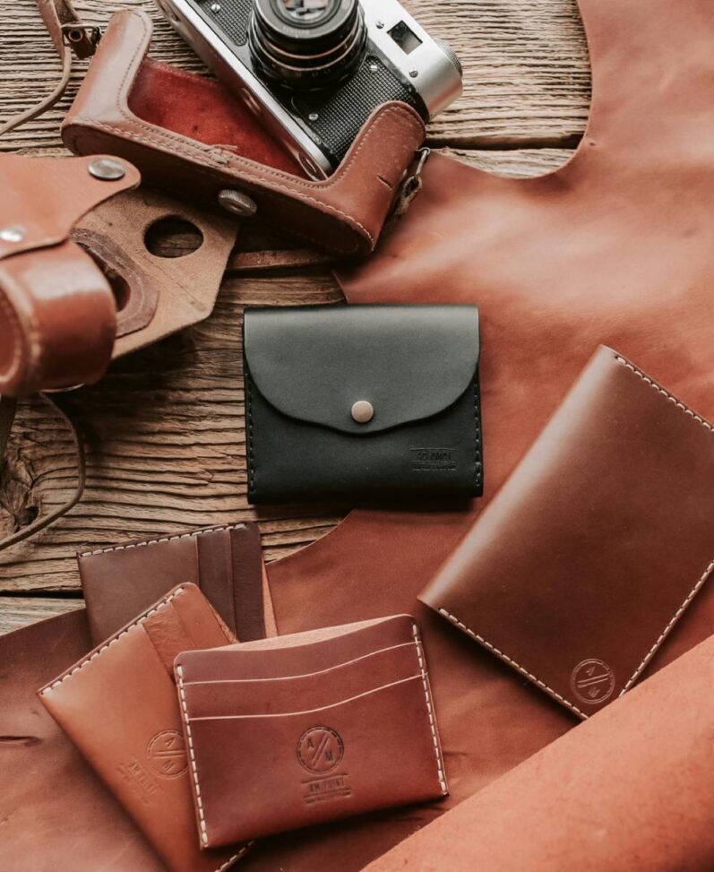 leather products displayed on a table