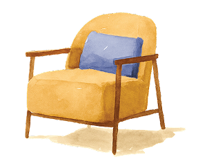 Illustration of a yellow armchair with wooden legs and armrests, featuring a blue cushion on the seat.
