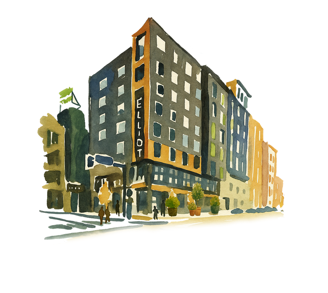 Watercolor illustration of a city street corner with a mid-rise hotel labeled Elliot and several pedestrians near the entrance.